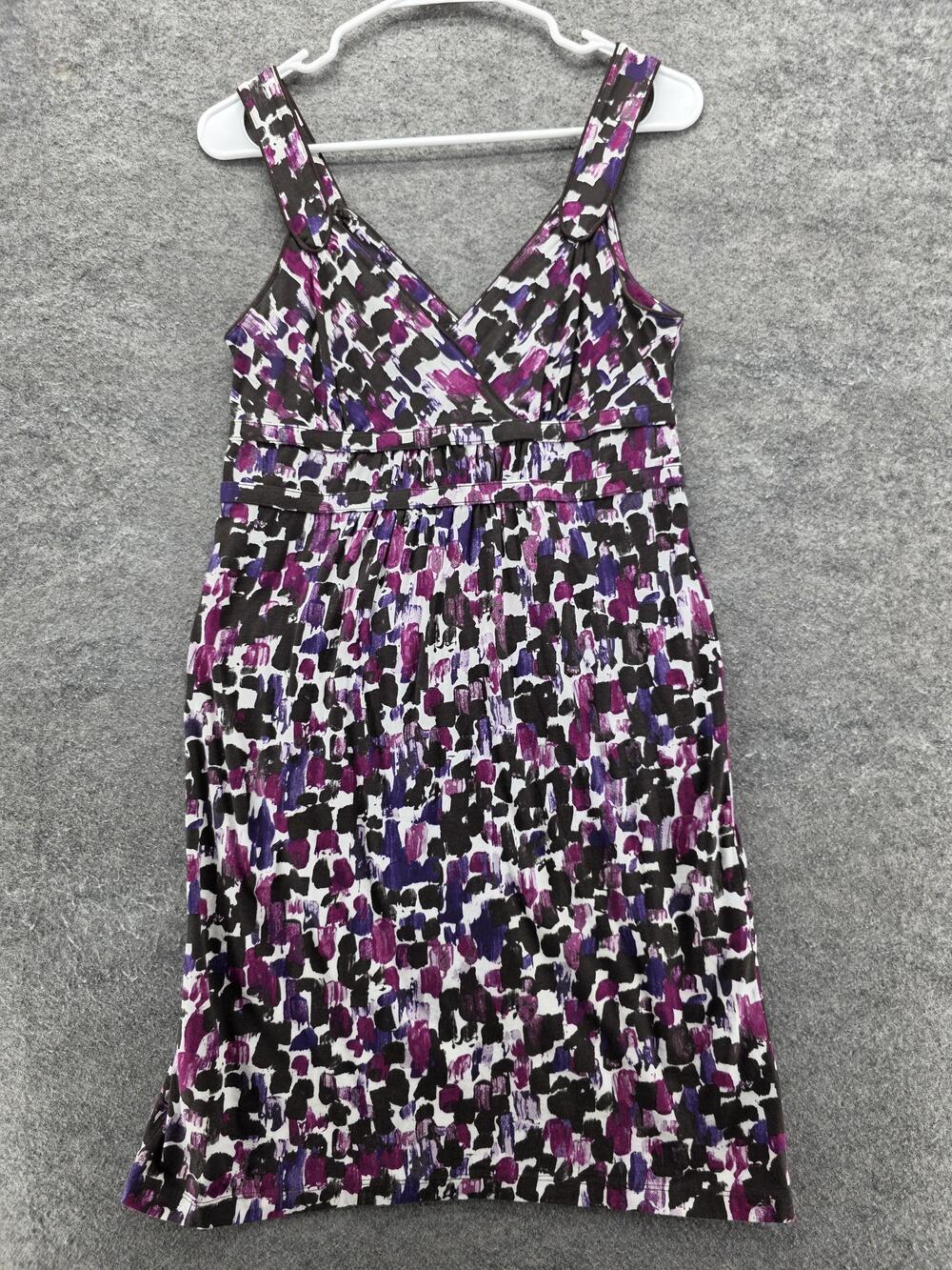 Ann Taylor Dress Womens Small Purple Black White Sleeveless V Neck Stretch Print
